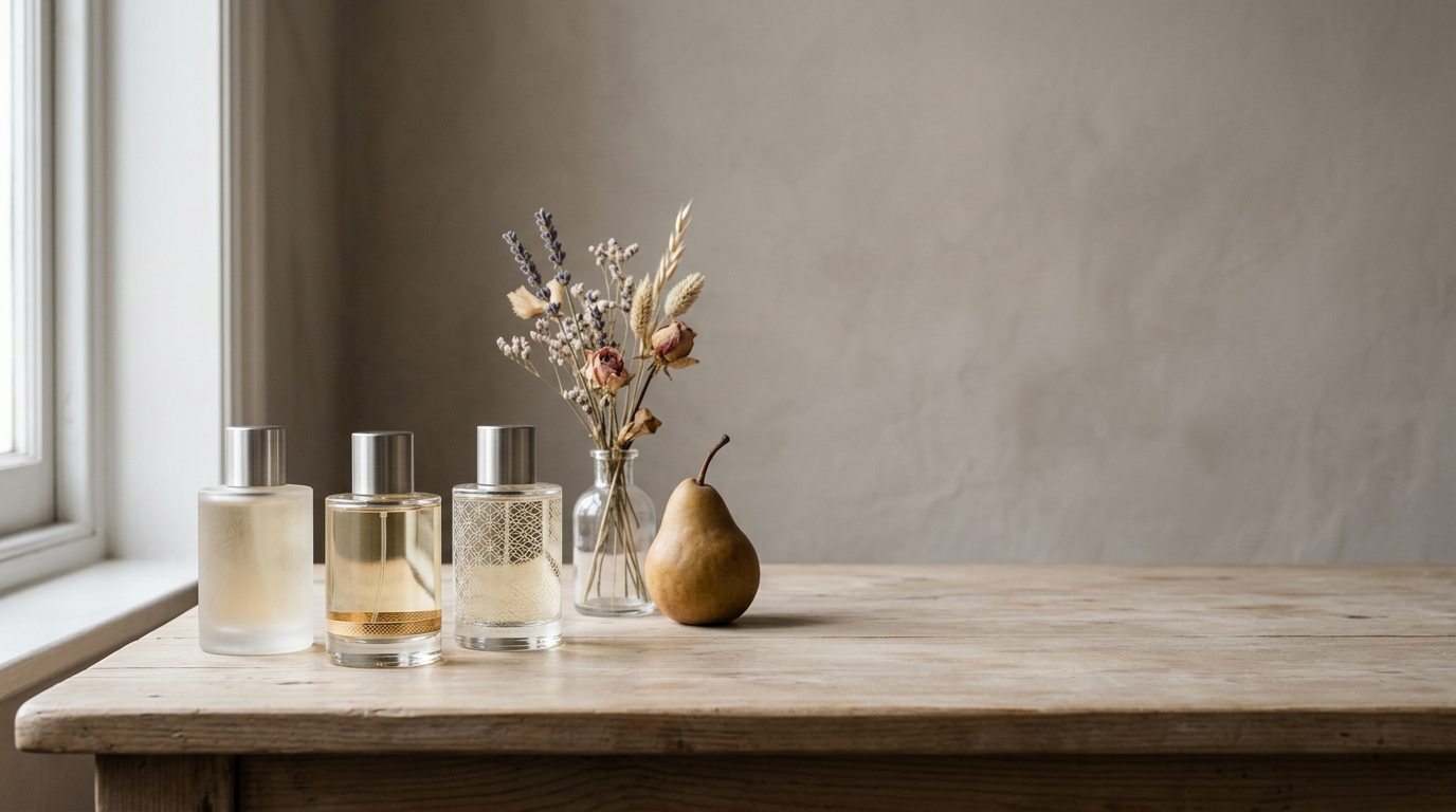 Generated image of three decorated glass perfume bottles, a small glass vase of dried flowers and a pear on a wooden table
