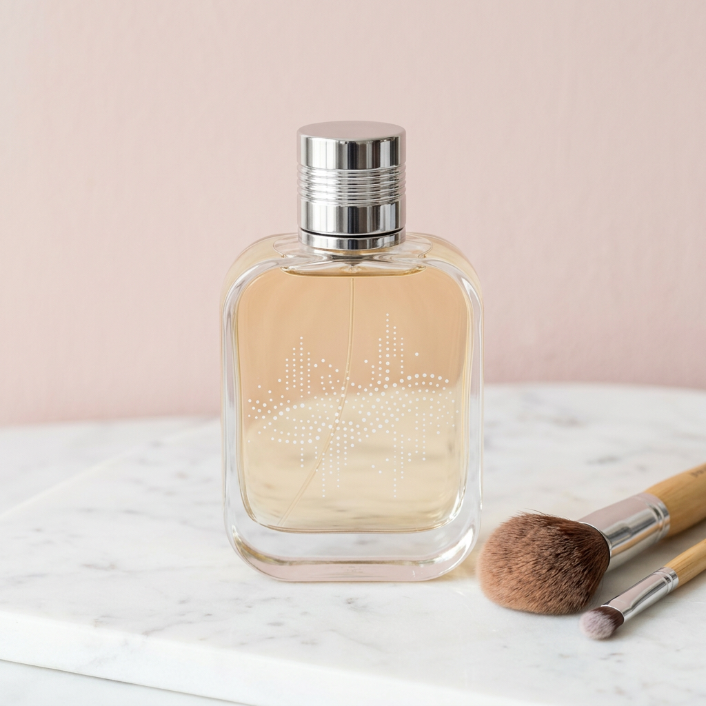 Generated image of a clear flacon with a silver cap and a dotted decoration, beside two makeup brushes on marble