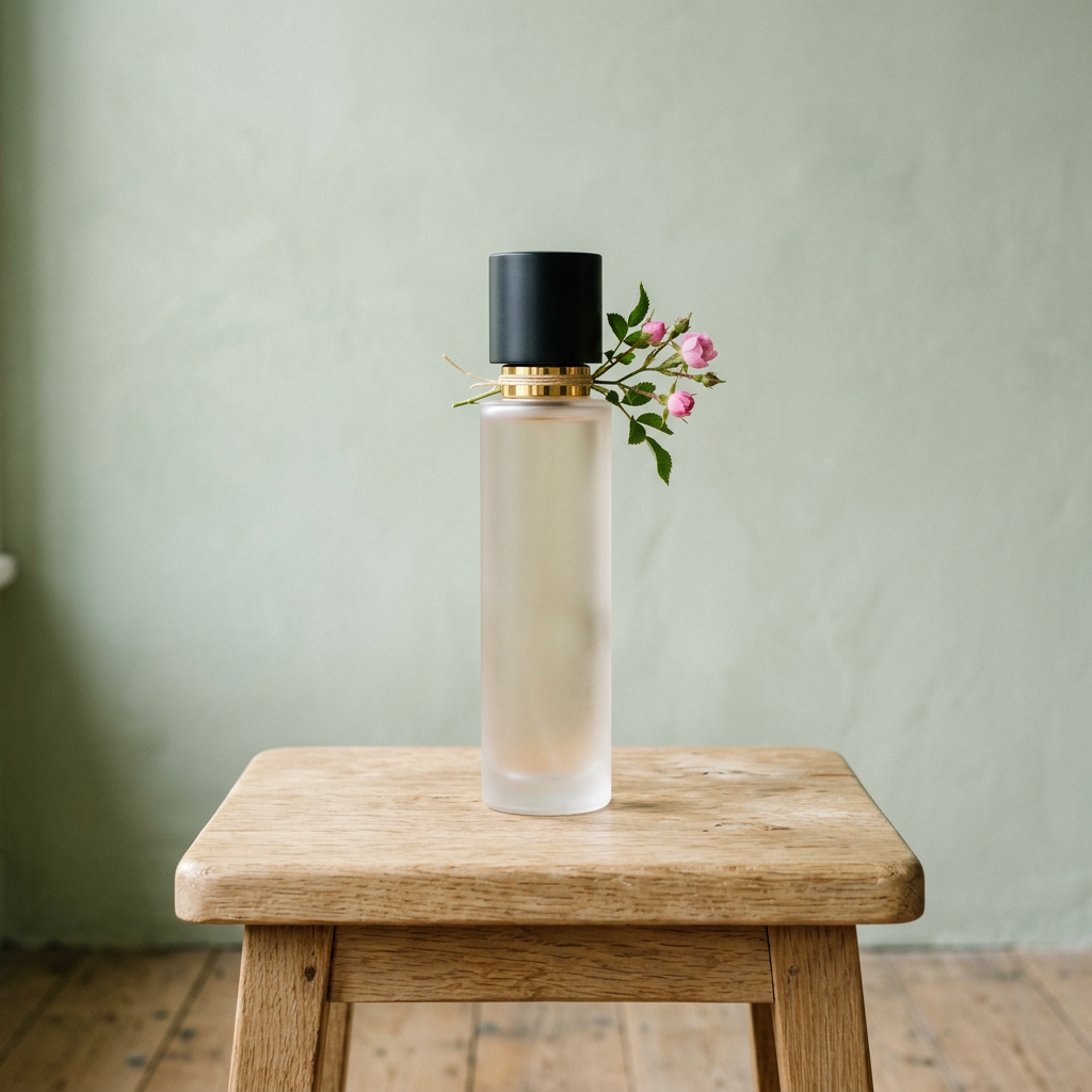 Generated image of a frosted bottle with a black cap and a rose sprig on a wooden stool