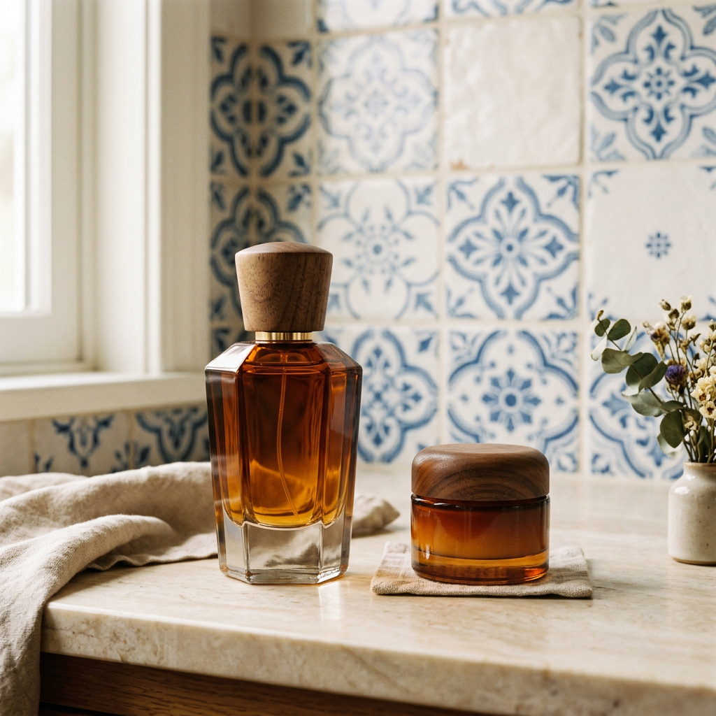 Generated image of an amber flacon and a jar with wooden caps on a counter in front of blue tiles