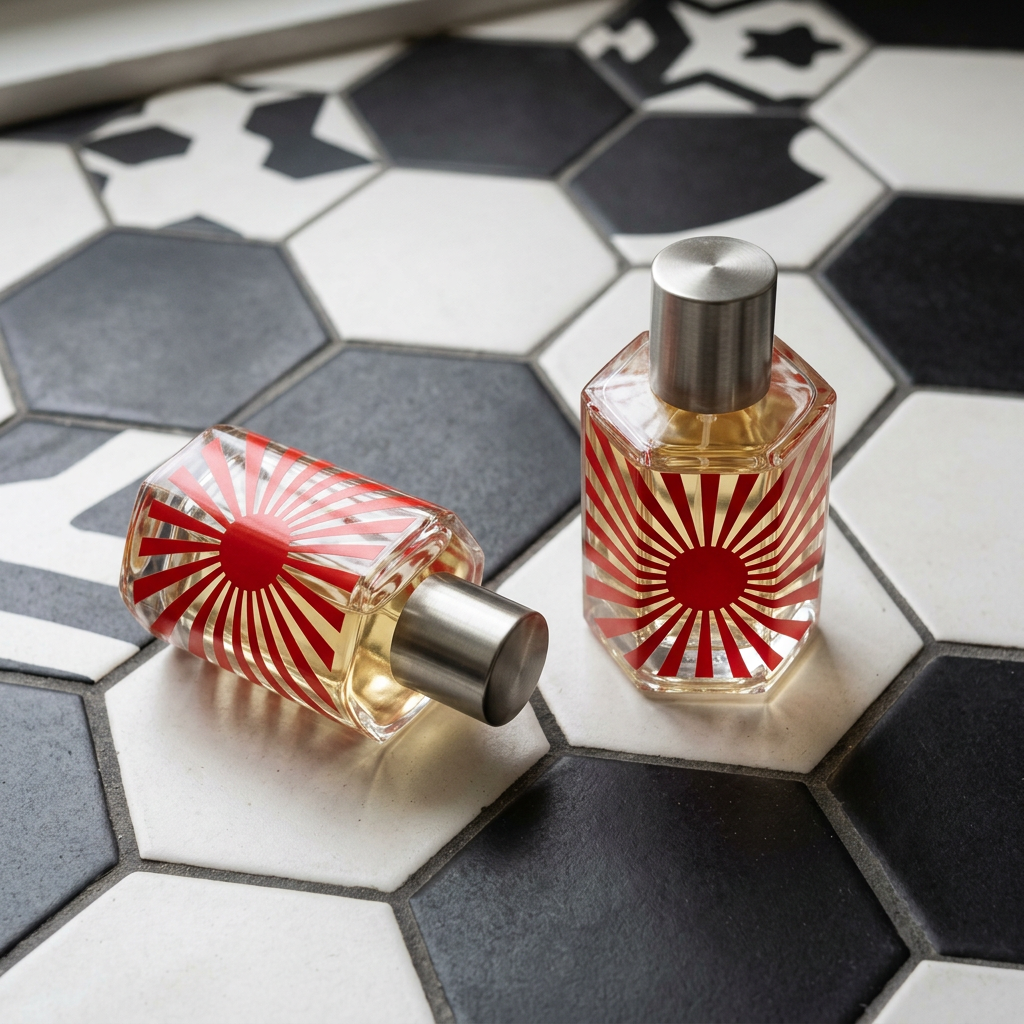 Generated image of two hexagonal flacons with a red sunburst decoration on black and white floor tiles