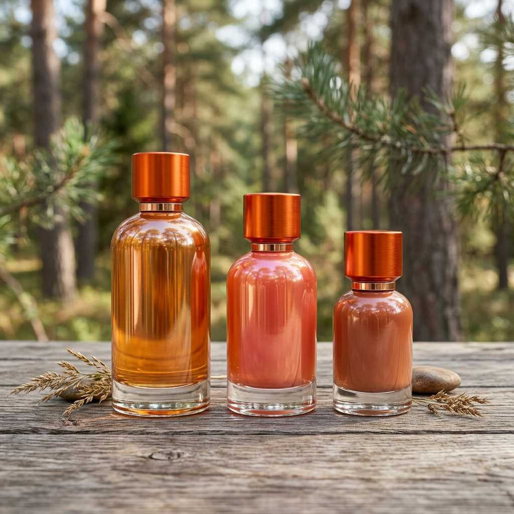 Generated image of three orange-capped bottles in graded sizes on a wooden table in a pine forest