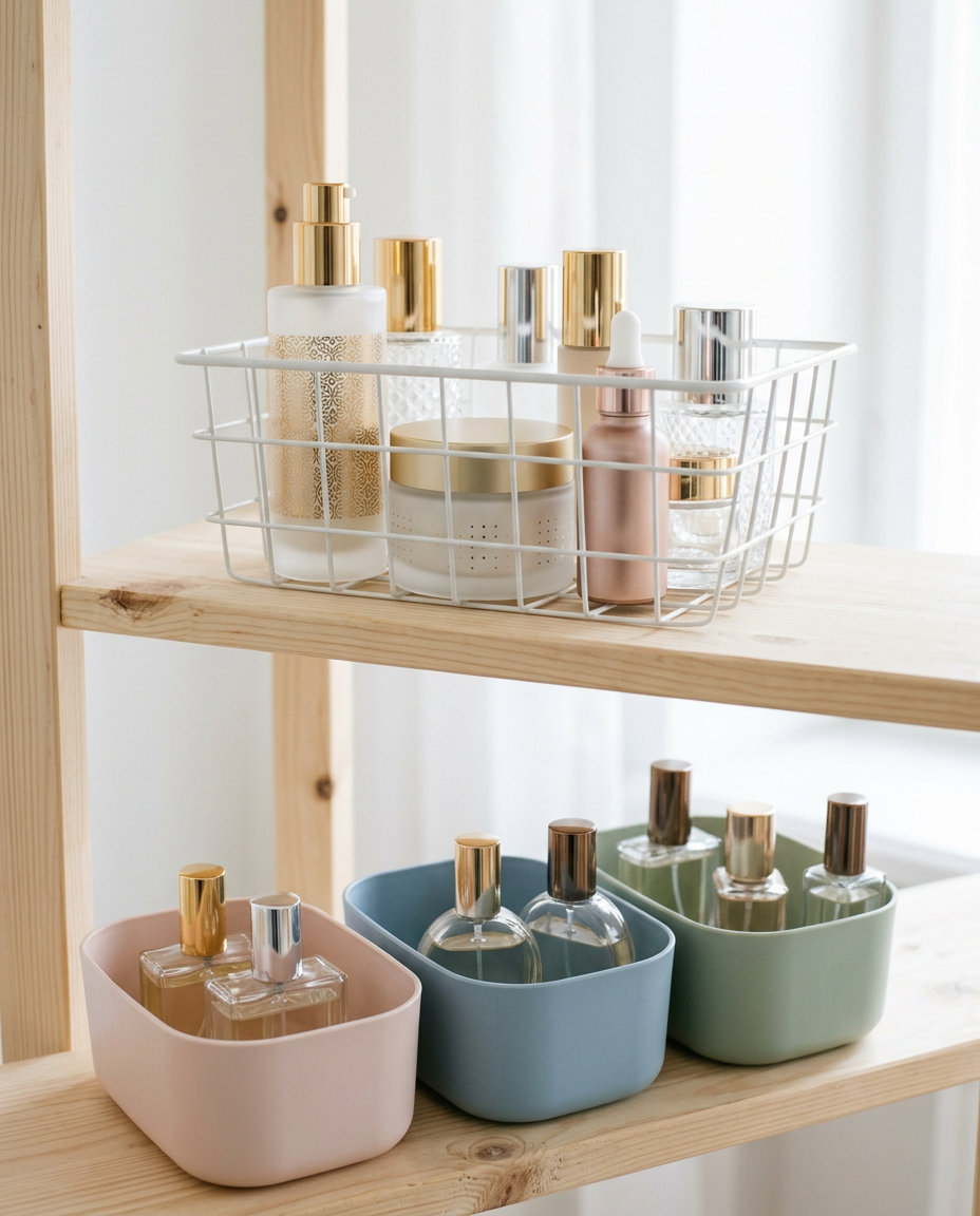 Generated image of decorated glass bottles and jars sorted into a wire basket and coloured bins on a wooden shelf