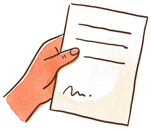 Hand-drawn hand holding a signed request document