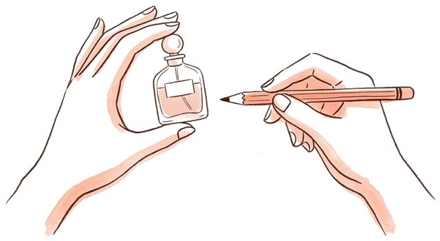 Hand-drawn hands holding a small perfume bottle and a pencil