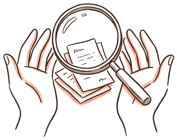 Hand-drawn open hands with a magnifying glass over a stack of papers